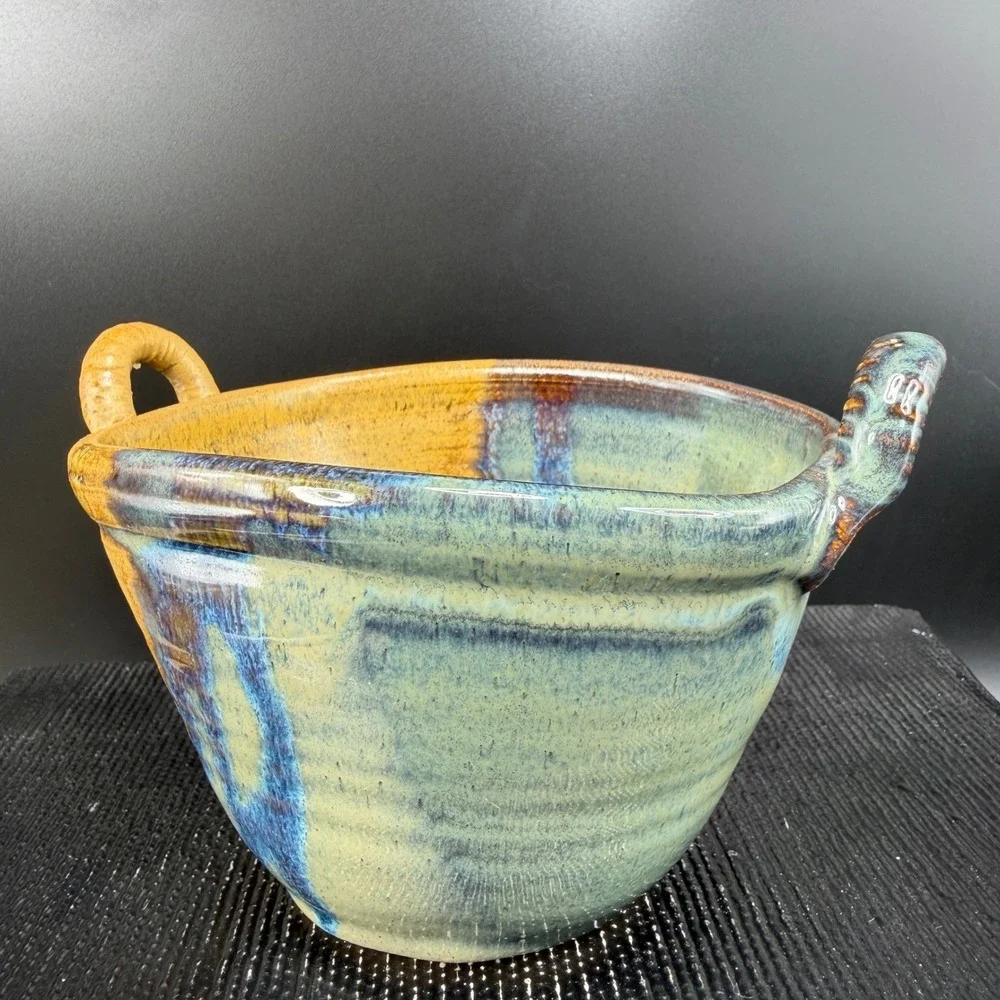 Barbara G Childs Studio Pottery Handled Bowl Dish‎ Ochre Drip Glaze Signed